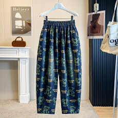 批发夏季新款印花哈伦薄<b class='q'>牛仔裤</b>女水洗<b class='q'>松紧</b>腰宽松显瘦老爹裤九分裤