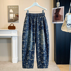 批发夏季新款印花哈伦薄<b class='q'>牛仔裤</b>女水洗<b class='q'>松紧</b>腰宽松显瘦老爹裤九分裤