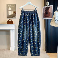 批发夏季新款印花哈伦薄<b class='q'>牛仔裤</b>女水洗<b class='q'>松紧</b>腰宽松显瘦老爹裤九分裤