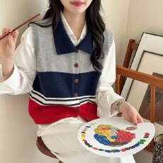 批发韩系Polo领撞色无袖针织衫女2025秋季新款爆款独特漂亮短款马甲潮