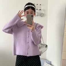 批发实拍#小财神新款蕾丝边甜美大翻领海军领学院风毛衣外套高品质女