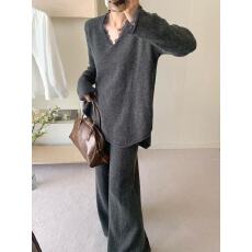 批发实拍#灰色韩系V领拼接<b class='q'>蕾丝</b>毛衣上衣➕长裤内搭针织套装<b class='q'>女</b>