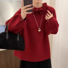 批发温柔甜美减龄木耳边圆领<b class='q'>毛衣</b>女秋冬新年喜庆宽松休闲套头针织衫