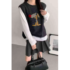 批发长袖T恤打底衫针织马甲背心女春装新卡通小狗提花马夹时尚两件套