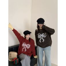 批发实拍羊驼长毛蝴蝶结钉珠圆领毛衣秋<b class='q'>冬</b>慵懒风刺绣撞色针织衫