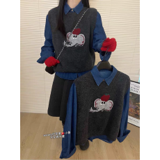 批发韩版减龄可爱风卡通小象针织马甲女+长袖牛仔衬衫叠穿上衣两件套
