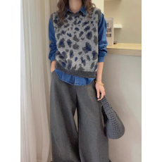 批发十三行2026早<b class='q'>春</b>豹纹针织马甲背心女牛仔衬衫叠穿上衣两件套装