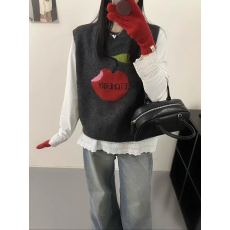 批发韩系<b class='q'>春</b>季新款圆领苹果提花背心马甲女+花边拼接T恤打底衫两件套