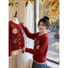 批发慵懒风时尚设计花朵气质针织开衫毛衣<b class='q'>外套</b>女装上衣春装<b class='q'>新款</b>