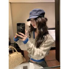 巴黎课间 假两件针织开衫女短款外套毛衣撞色V领上衣春秋冬精致