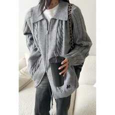 批发麻花翻领毛衣拉链开衫女松弛感慵懒宽松加厚<b class='q'>针织</b>外套