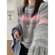 批发撞色段染 横条圆领正肩毛衣花点混纺纱线肌理 宽松休闲套头针织衫