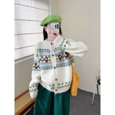 批发费尔岛提花针织开衫毛衣女秋<b class='q'>冬</b>新款宽松复古圆领外套百搭撞色上衣