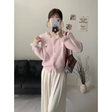 批发韩系慵懒风圆领蕾丝花边针织开衫女秋冬新款宽松显瘦百搭毛衣外套