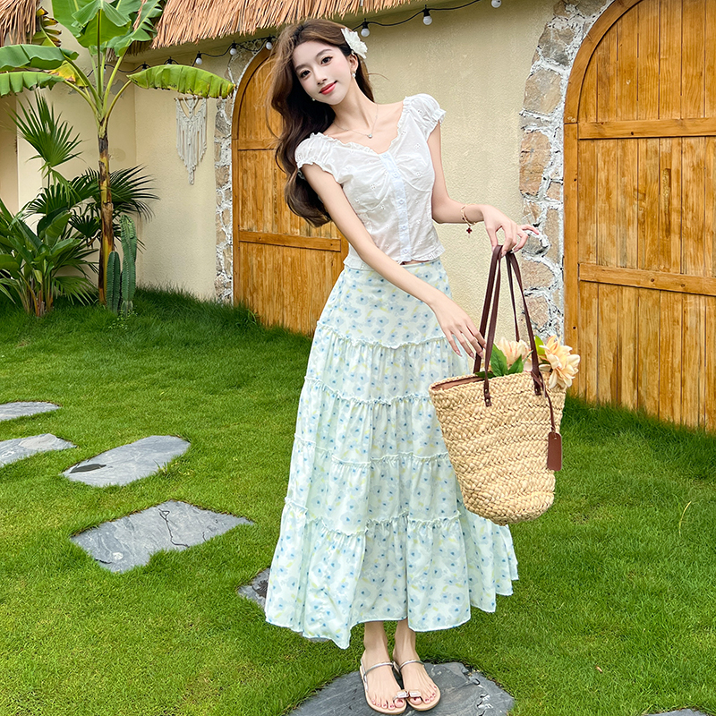 MY9514# 海岛繁花清新蓝色碎花半身裙女春季松紧腰蛋糕裙长裙女裝貨源服...