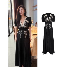 批发朱珠<b class='q'>明星</b>同款黑色v领短袖<b class='q'>连衣裙</b>女2025夏季新款高级感礼服长裙