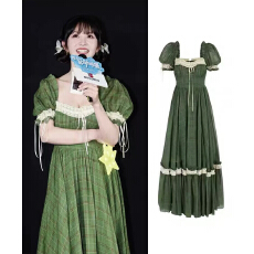 批发田曦薇<b class='q'>明星</b><b class='q'>同款</b>绿色格纹泡泡袖连衣裙高级感法式收腰裙子女2026夏