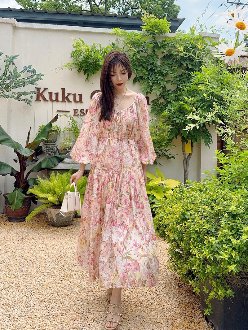 여름 새로운 드레스 예복 치마 요정 가스 거품 소매 법 바람 프린트