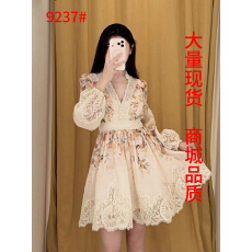 批发轻奢高定新款花卉印花蕾丝灯笼袖短款收腰迷你连衣裙