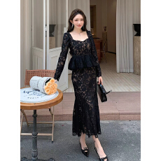 批发性感方领长袖<b class='q'>黑色</b>蕾丝连衣裙御姐风蜂腰小裙摆修身包臀鱼尾<b class='q'>长裙</b>子