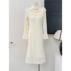 批发2025年秋冬新款法式温柔花边蕾丝连衣裙新中式盘扣加绒裙子