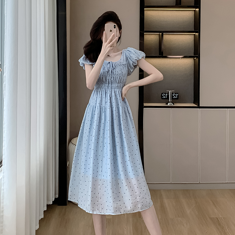 MY11896# 实拍法式可盐可甜波点印花连衣裙女时尚花苞袖减龄显瘦通勤淑女裙