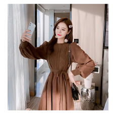 批发实拍<b class='q'>欧洲站</b>时尚假两件毛织<b class='q'>连衣裙</b>韩式灯笼袖腰带显瘦百搭打底裙