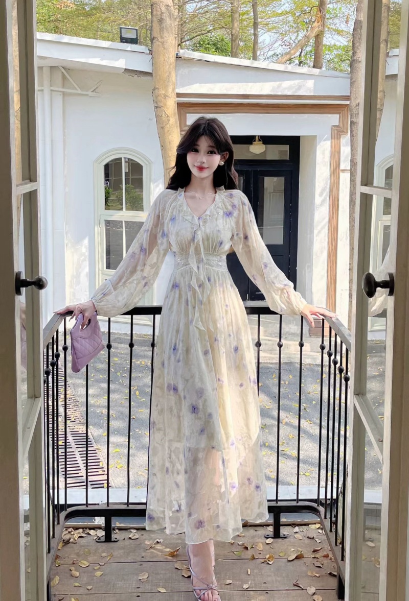 실사 높은 품질 자카드 프린트 우아한 슬림해 보이는 롱 스커트 여름 수공 주문 구슬 프릴 칼라 휴가 꽃무늬 드레스