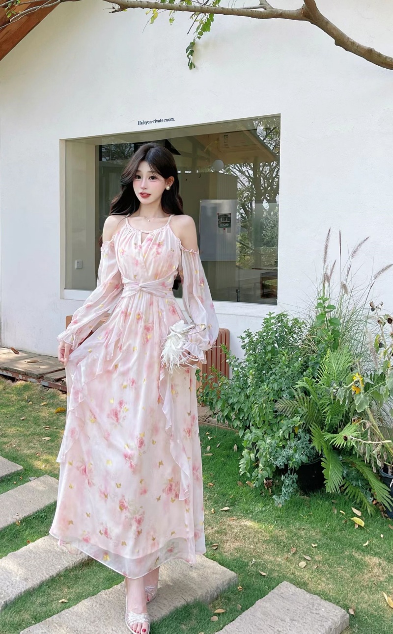 실사 다림질 금박 프린트 우아한 슬림해 보이는 롱 코트 롱 스커트 여름 무거운 작업 꽃무늬 슬립 프릴 휴가 드레스