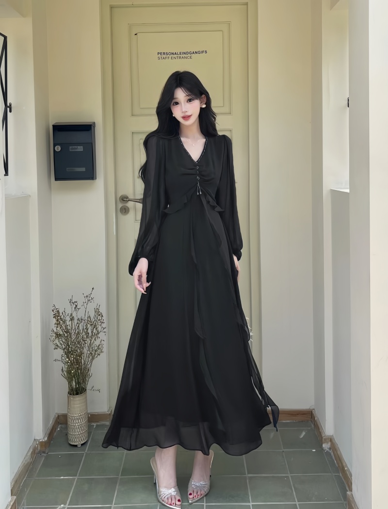 실사 여성 여름 V넥 수공 주문 구슬 슈퍼 요정 가스 단색 롱 스커트 프랑스식 휴가 바람 프릴 리본 드레스
