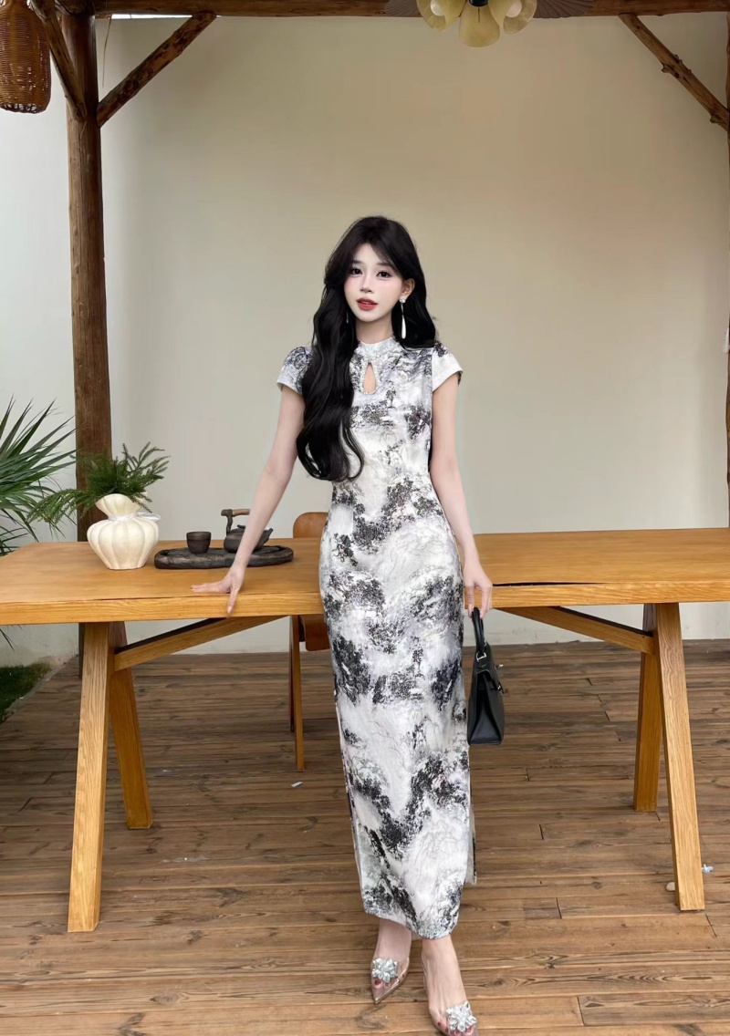 실사 새로운 중식 영 섹션 국풍 수묵화 마이크로 폭탄 슬림해 보이는 치파오 드레스 개선 치파오 몸매 가꾸기 트임 드레스