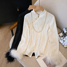 批发实拍2025新款秋冬新中式国风驼鸟毛上衣女冬季薄绒蕾丝长袖<b class='q'>打底衫</b>