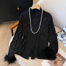 批发实拍2025新款秋冬新中式国风驼鸟毛上衣女冬季薄绒蕾丝长袖<b class='q'>打底衫</b>