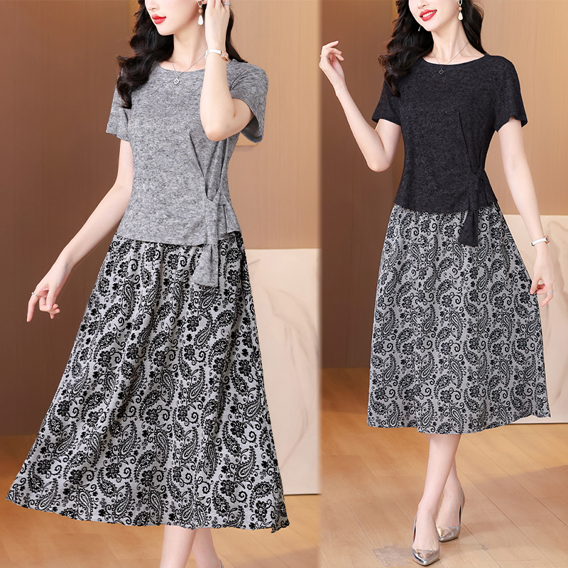 BY9161#圆领两件套妈妈装收腰显瘦透气连衣裙