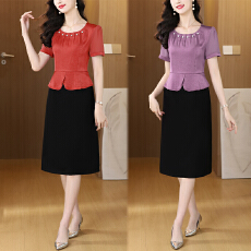 批发妈妈夏款气质假两件<b class='q'>连衣裙</b>女2026新款遮肚子显瘦高贵时尚礼服裙子