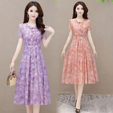 批发碎花雪纺连衣裙女2026夏季新款<b class='q'>时尚</b>中年<b class='q'>妈妈装</b>修身显瘦中长款裙子