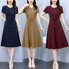 批发夏季2026新款圆领<b class='q'>时尚</b>连衣裙收腰显瘦<b class='q'>妈妈装</b>女