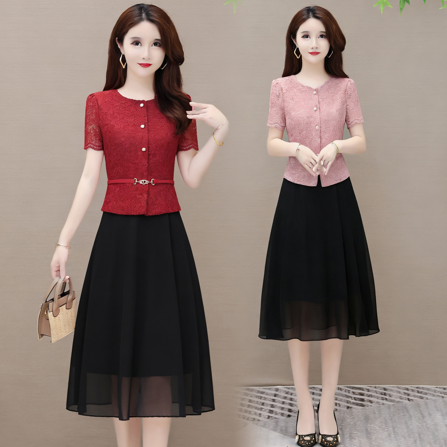 RY4290# 夏装连衣裙2026新款假两件收腰显瘦气质洋气中老年短袖裙子