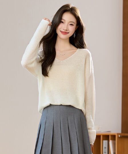 실사 느긋한 바람 루즈핏 V넥 카디건 여성 가을 겨울 새로운 고급 센스 외출용 풀오버 부드러운 찹쌀 예쁜 스웨터