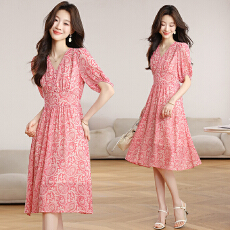 实拍小个子夏季短袖雪纺碎花连衣裙新款v领修身气质显瘦a字裙子女