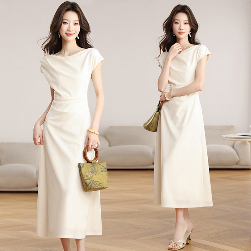 实拍 清雅艺术生高品版一字肩连衣裙女夏气质知性简约长裙