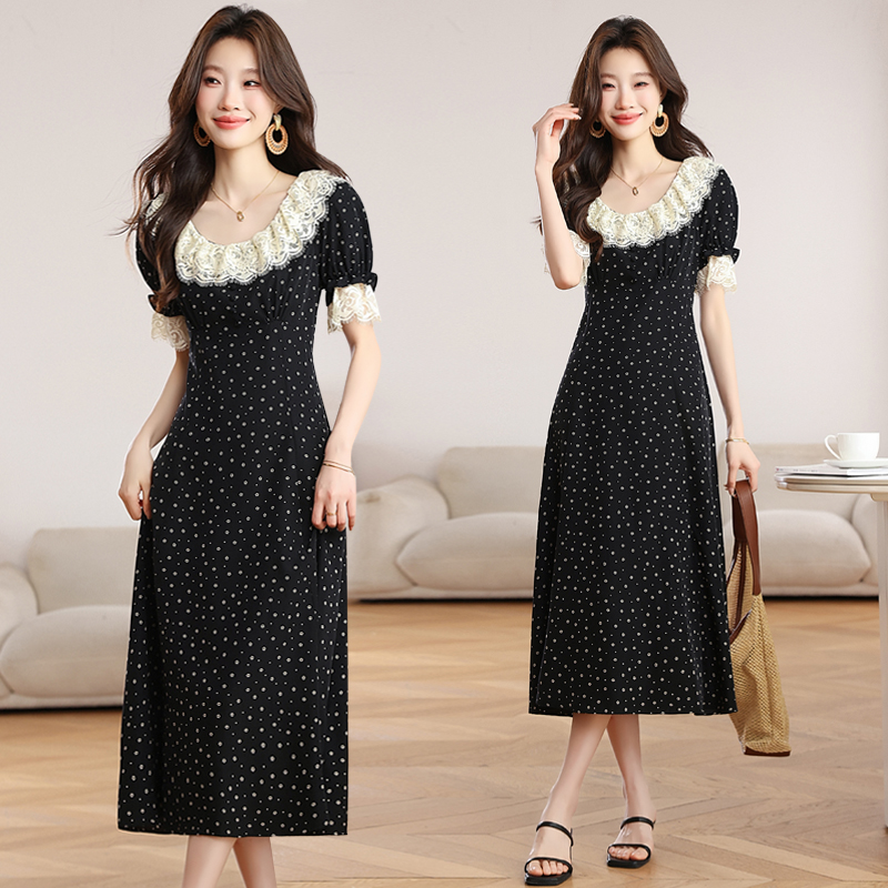 RY2823# 实拍 法式荷叶领碎花连衣裙春夏新款女装中长款黑色短袖茶歇裙T