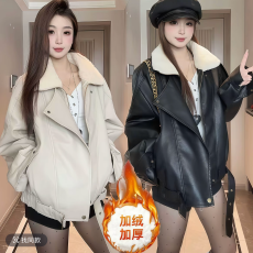批发高端肌理感油蜡皮阔版双领机车皮衣女<b class='q'>春</b>秋时尚宽松显瘦