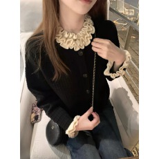 批发Zzhen珍珍 米兰千金重工撞色木耳花边领<b class='q'>棋盘</b><b class='q'>格</b>针织衫气质毛衣