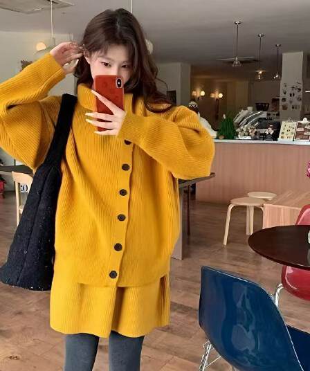 단색 터틀넥 긴팔 니트 스웨터 여성 코트 가을 겨울 한 부서 느긋한 와이드 부드러운 찹쌀 오픈 가디건 맨위