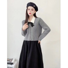 批发秋冬新款翻领蝴蝶结<b class='q'>针织</b><b class='q'>开衫</b>女学院风撞色<b class='q'>短款</b>毛衣外套