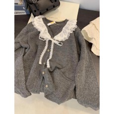 批发娃娃领毛衣女春秋慵懒可爱甜美<b class='q'>蕾丝</b>V领针织开衫外套日系温柔上衣