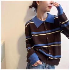 批发撞色<b class='q'>条纹</b>翻领羊毛针织<b class='q'>开衫</b>女欧洲站2025秋装新款欧货女装短外套潮