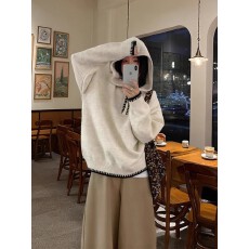 批发韩系巨好看半拉链连帽针织卫衣女秋冬慵懒宽松软糯套头毛衣上衣厚