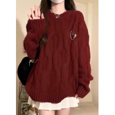 新年红色毛衣女秋冬外穿宽松圣诞复古麻花圆领慵懒风套头针织上衣